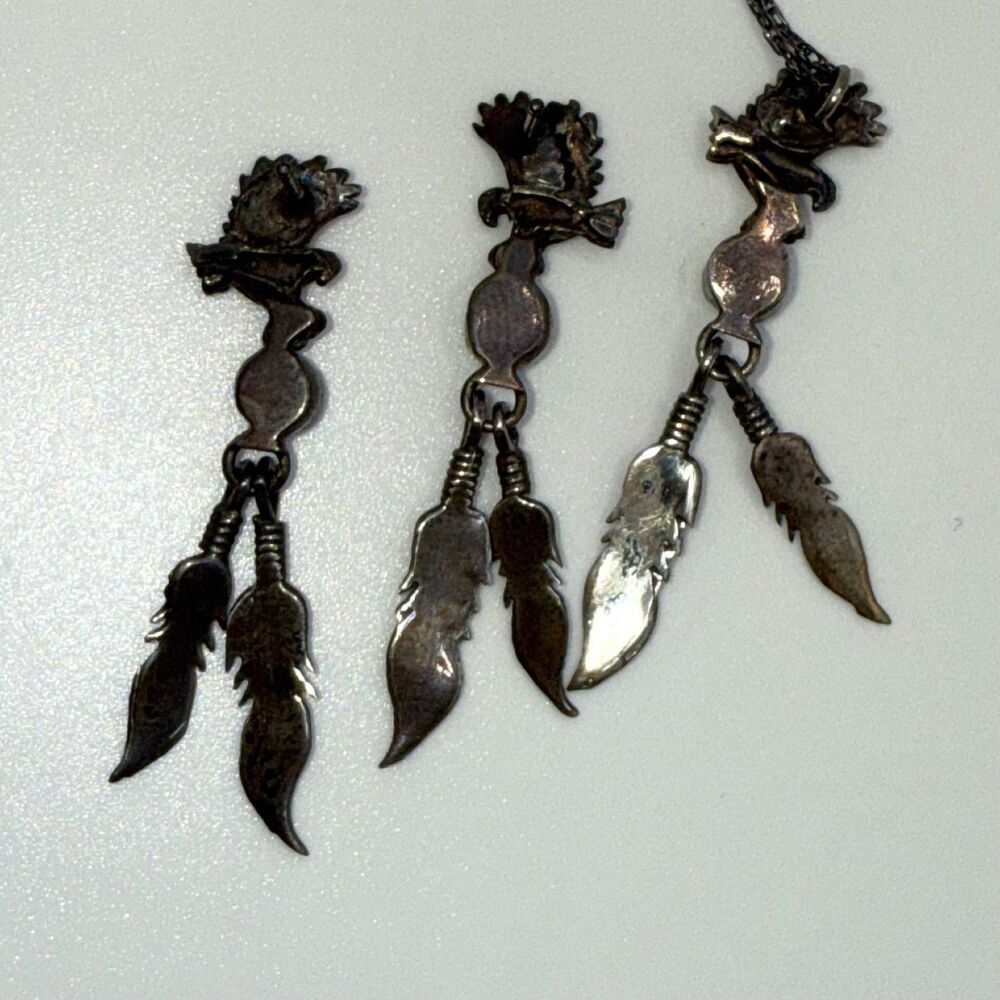 Native American earrings necklace eagle feather turquoise gems vintage jewelry - Picture 7 of 11